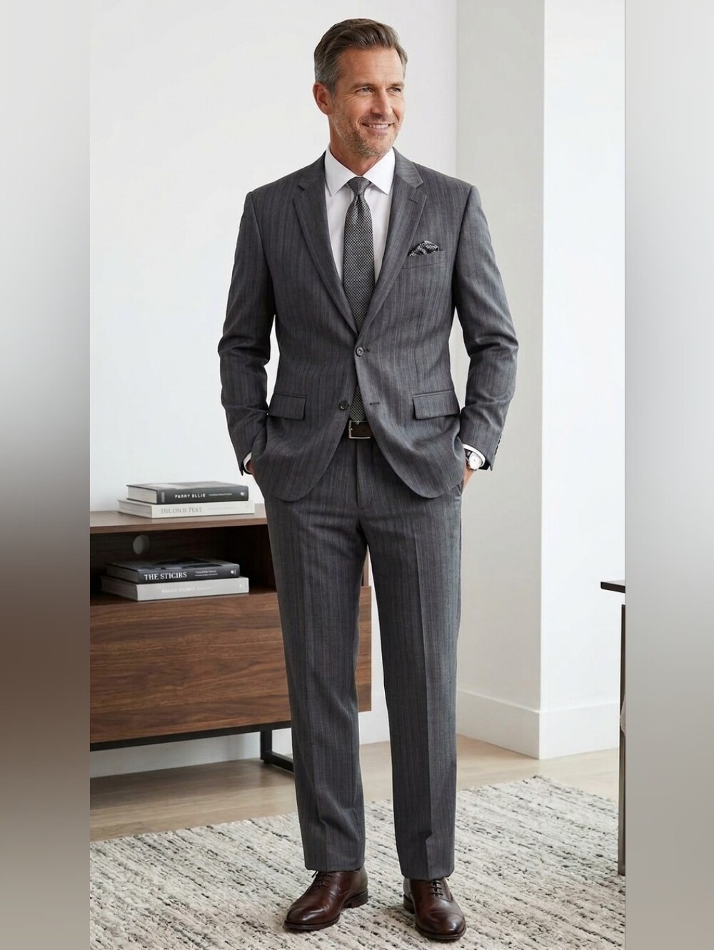 Vintage Y2K Perry Ellis Gray Pinstripe Wool Blend Suit 44R / 36x32